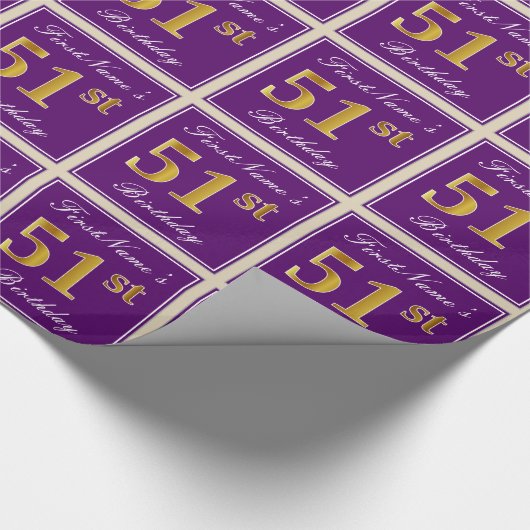 エレガント,紫,フェイク金ゴールド51番目の誕生日+名前 ラッピングペーパー (角)