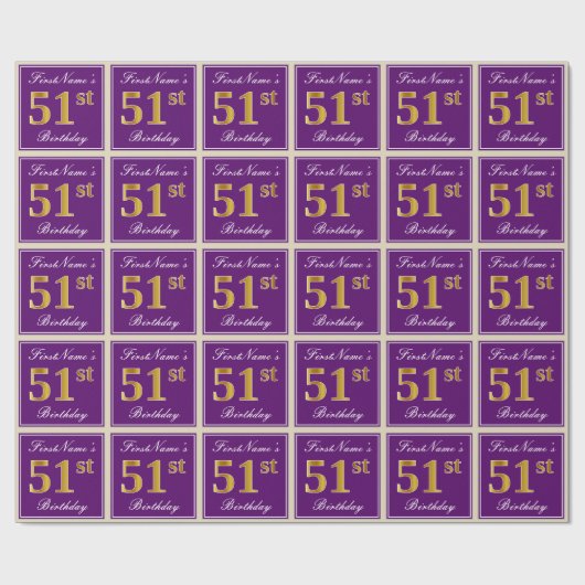 エレガント,紫,フェイク金ゴールド51番目の誕生日+名前 ラッピングペーパー (フラット)