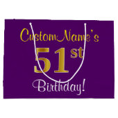 エレガント，紫，フェイク金ゴールド51番目の誕生日+名前 ラージペーパーバッグ (裏面)