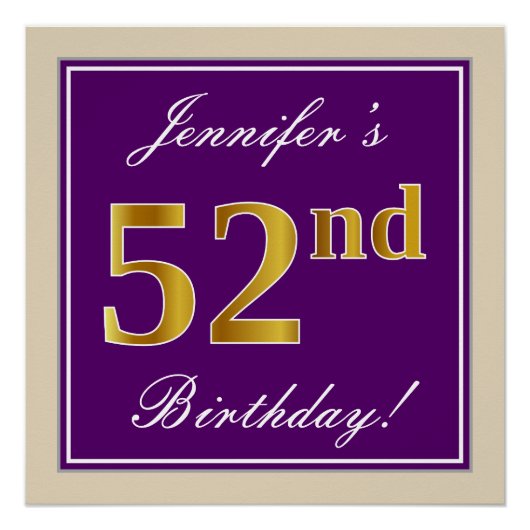 エレガント、紫、フェイク金ゴールド52番目の誕生日+名前 ポスター (正面)