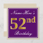 エレガント、紫、フェイク金ゴールド52番目の誕生日+名前 招待状 (正面/裏面)