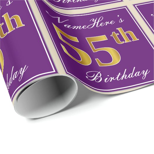 エレガント,紫,フェイク金ゴールド55番目の誕生日+名前 ラッピングペーパー (ロールコーナー)