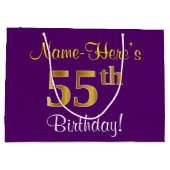 エレガント,紫,フェイク金ゴールド55番目の誕生日+名前 ラージペーパーバッグ (裏面)