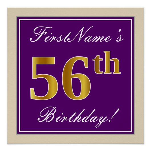 エレガント，紫，フェイク金ゴールド56番目の誕生日+名前 ポスター (正面)
