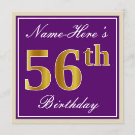 エレガント，紫，フェイク金ゴールド56番目の誕生日+名前 招待状