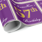 エレガント，紫，フェイク金ゴールド57番目の誕生日+名前 ラッピングペーパー (ロールコーナー)