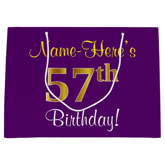 エレガント，紫，フェイク金ゴールド57番目の誕生日+名前 ラージペーパーバッグ (正面)