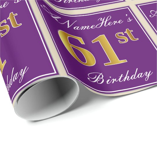 エレガント,紫,フェイク金ゴールド61番目の誕生日+名前 ラッピングペーパー (ロールコーナー)