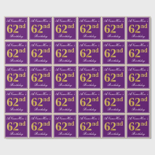 エレガント,紫,フェイク金ゴールド62番目の誕生日+名前 ラッピングペーパー (フラット)