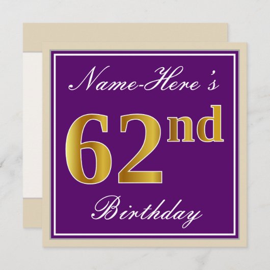 エレガント，紫，フェイク金ゴールド62番目の誕生日+名前 招待状 (正面/裏面)