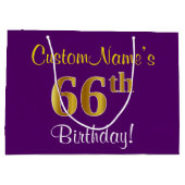 エレガント,紫,フェイク金ゴールド66番目の誕生日+名前 ラージペーパーバッグ (裏面)