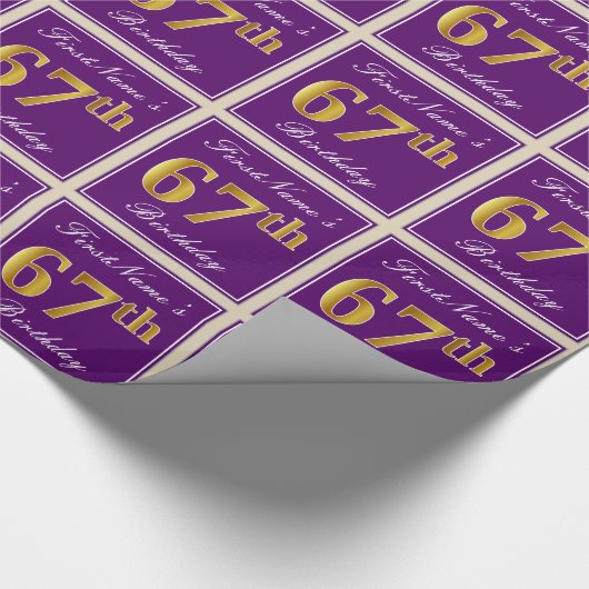 エレガント,紫,フェイク金ゴールド67番目の誕生日+名前 ラッピングペーパー (角)