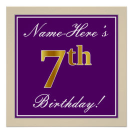 エレガント，紫，フェイク金ゴールド7番目の誕生日+名前 ポスター