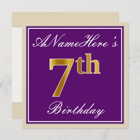 エレガント,紫,フェイク金ゴールド7番目の誕生日+名前 招待状 (正面/裏面)