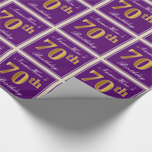 エレガント，紫，フェイク金ゴールド70番目の誕生日+名前 ラッピングペーパー (角)