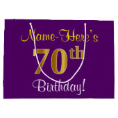 エレガント，紫，フェイク金ゴールド70番目の誕生日+名前 ラージペーパーバッグ (裏面)