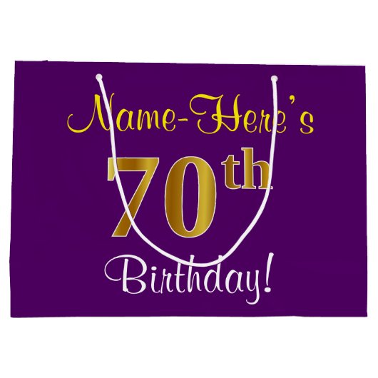 エレガント,紫,フェイク金ゴールド70番目の誕生日+名前 ラージペーパーバッグ (裏面)
