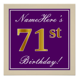 エレガント，紫，フェイク金ゴールド71番目の誕生日+名前 ポスター