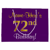エレガント,紫,フェイク金ゴールド72番目の誕生日+名前 ラージペーパーバッグ (裏面)