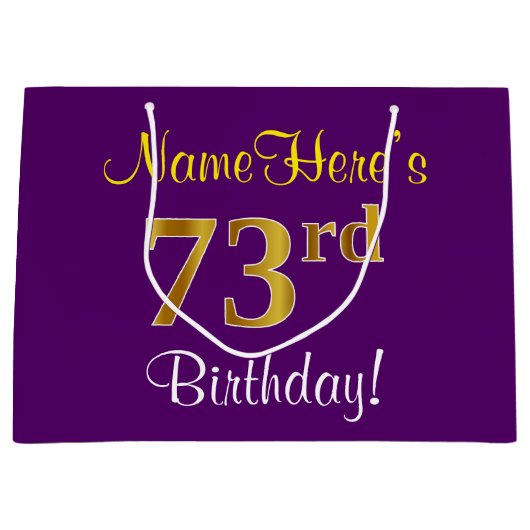 エレガント，紫，フェイク金ゴールド73番目の誕生日+名前 ラージペーパーバッグ (正面)