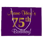 エレガント，紫，フェイク金ゴールド75番目の誕生日+名前 ラージペーパーバッグ (裏面)
