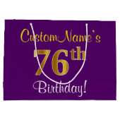 エレガント，紫，フェイク金ゴールド76番目の誕生日+名前 ラージペーパーバッグ (裏面)