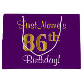 エレガント，紫，フェイク金ゴールド86番目の誕生日+名前 ラージペーパーバッグ (正面)