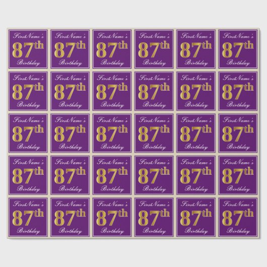 エレガント,紫,フェイク金ゴールド87番目の誕生日+名前 ラッピングペーパー (フラット)