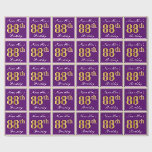 エレガント，紫，フェイク金ゴールド88番目の誕生日+名前 ラッピングペーパー (フラット)