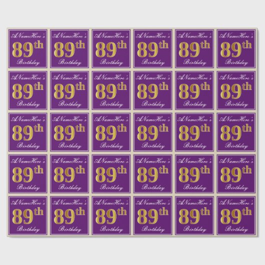 エレガント，紫，フェイク金ゴールド89番目の誕生日+名前 ラッピングペーパー (フラット)
