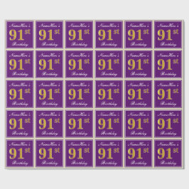エレガント，紫，フェイク金ゴールド91番目の誕生日+名前 ラッピングペーパー