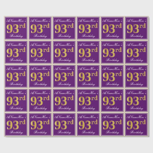 エレガント，紫，フェイク金ゴールド93番目の誕生日+名前 ラッピングペーパー (フラット)