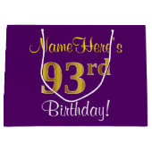 エレガント,紫,フェイク金ゴールド93番目の誕生日+名前 ラージペーパーバッグ (正面)