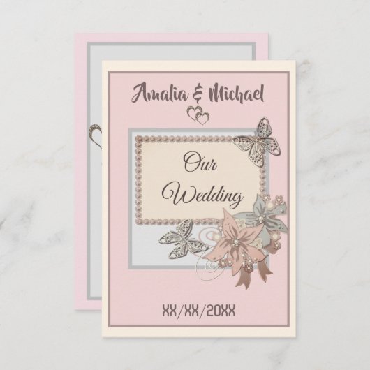 エレガント,結婚婚約，蝶 招待状 (正面/裏面)