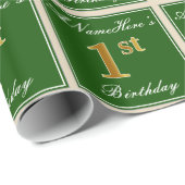 エレガント，緑，フェイク金ゴールド1歳の誕生日+名前 ラッピングペーパー (ロールコーナー)