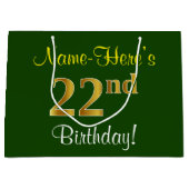 エレガント、緑、フェイク金ゴールド22番目の誕生日+名前 ラージペーパーバッグ (正面)