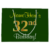 エレガント、緑、フェイク金ゴールド32番目の誕生日+名前 ラージペーパーバッグ (裏面)