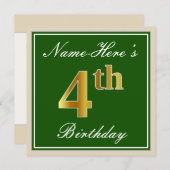 エレガント，緑，フェイク金ゴールド4歳の誕生日+名前 招待状 (正面/裏面)