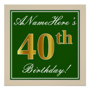 エレガント,緑,フェイク金ゴールド40歳の誕生日+名前 ポスター