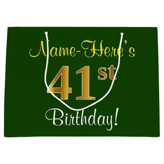 エレガント、緑、フェイク金ゴールド41番目の誕生日+名前 ラージペーパーバッグ (正面)