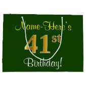 エレガント、緑、フェイク金ゴールド41番目の誕生日+名前 ラージペーパーバッグ (裏面)