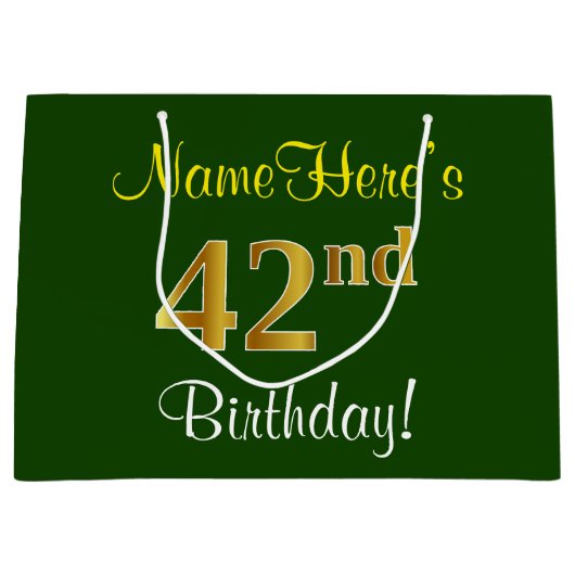 エレガント、緑、フェイク金ゴールド42番目の誕生日+名前 ラージペーパーバッグ (正面)