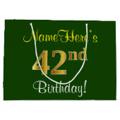 エレガント、緑、フェイク金ゴールド42番目の誕生日+名前 ラージペーパーバッグ (裏面)