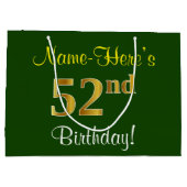 エレガント、緑、フェイク金ゴールド52番目の誕生日+名前 ラージペーパーバッグ (裏面)