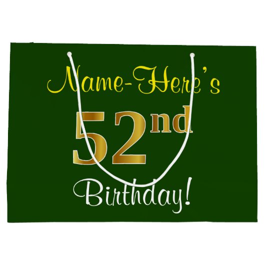 エレガント、緑、フェイク金ゴールド52番目の誕生日+名前 ラージペーパーバッグ (裏面)