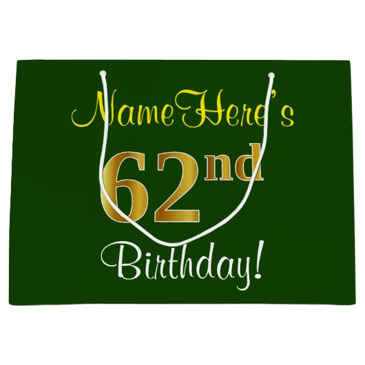 エレガント、緑、フェイク金ゴールド62番目の誕生日+名前 ラージペーパーバッグ (正面)