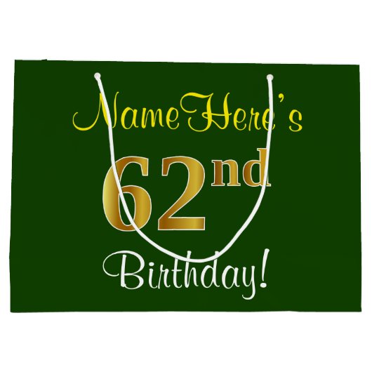 エレガント、緑、フェイク金ゴールド62番目の誕生日+名前 ラージペーパーバッグ (裏面)