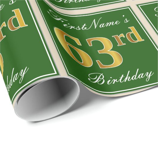 エレガント、緑、フェイク金ゴールド63番目の誕生日+名前 ラッピングペーパー (ロールコーナー)