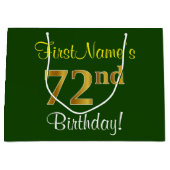 エレガント、緑、フェイク金ゴールド72番目の誕生日+名前 ラージペーパーバッグ (正面)