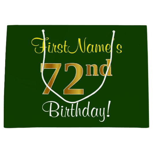 エレガント、緑、フェイク金ゴールド72番目の誕生日+名前 ラージペーパーバッグ (正面)